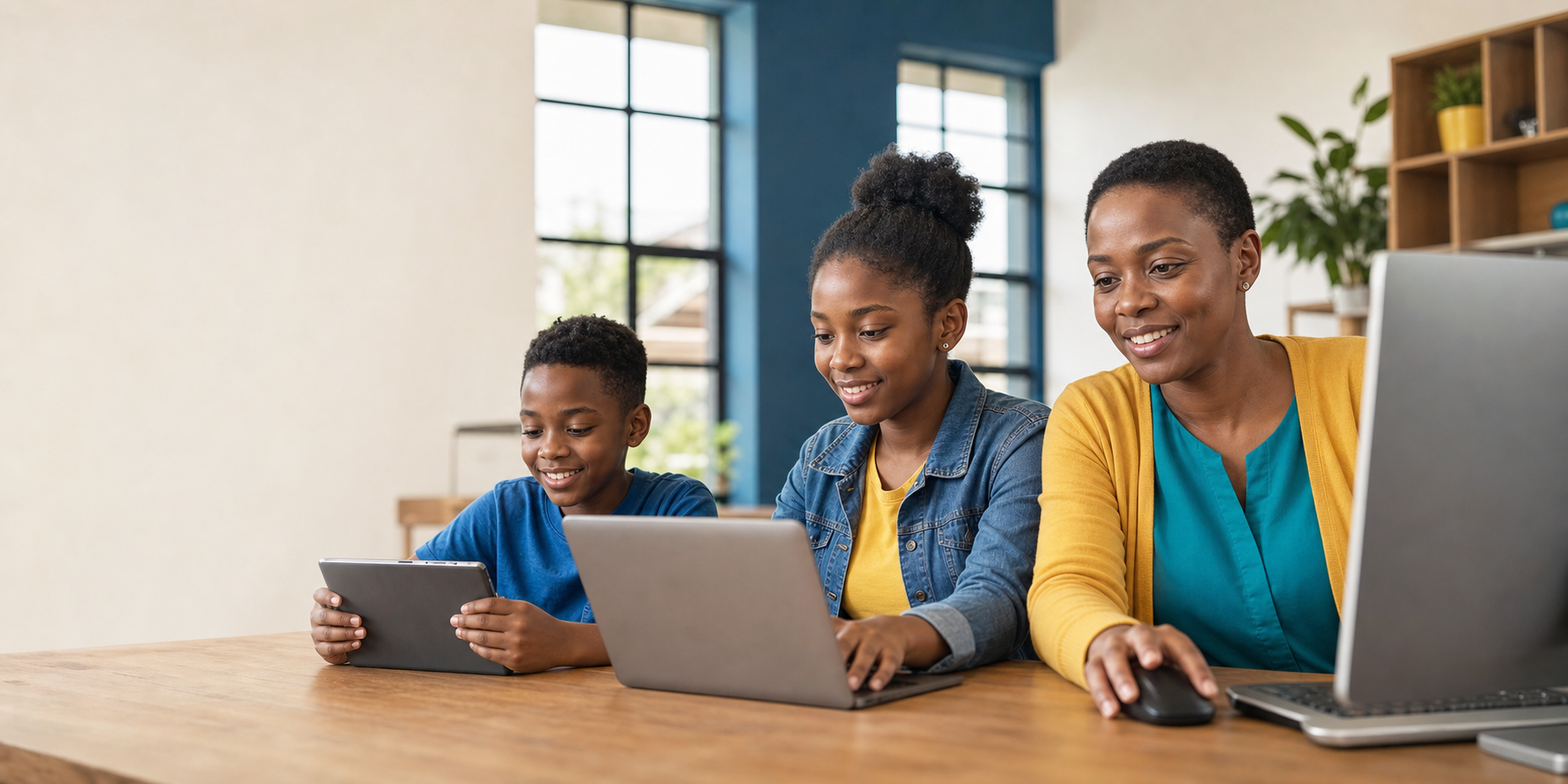 A child, teenager, and adult learning digital skills together